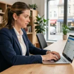 Femme enseignante accédant à sa messagerie AC Strasbourg sur un ordinateur portable dans un bureau moderne