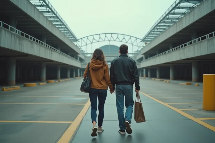 Couple se dirigeant vers le parking P2 du Stade de France billets en main