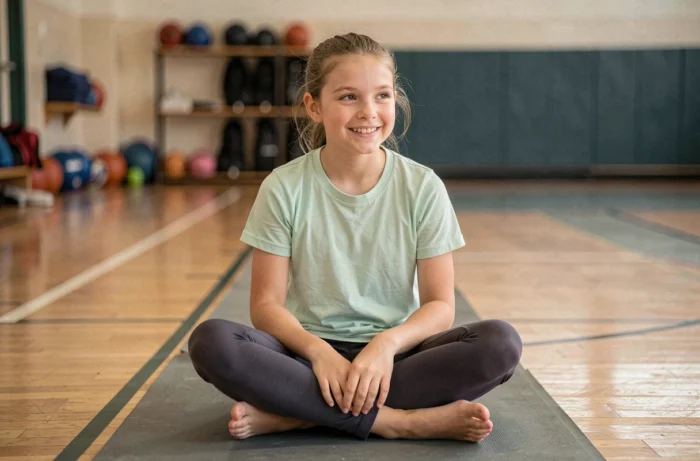 Adolescente de 13 ans assise sur un tapis de sport dans un gymnase scolaire avec une expression détendue