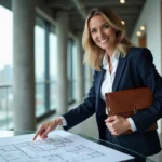 Agent immobilière professionnelle en costume marine présentant des plans architecturaux dans un bureau moderne avec vue sur la ville