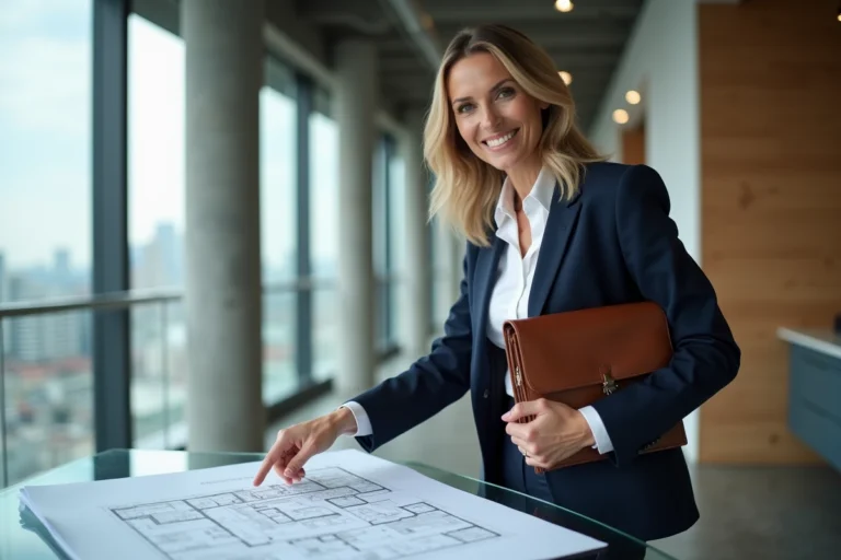 Agent immobilière professionnelle en costume marine présentant des plans architecturaux dans un bureau moderne avec vue sur la ville