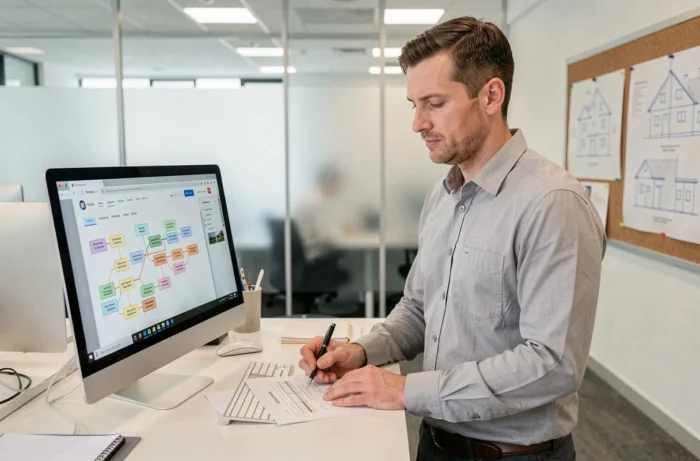 Agent immobilier masculin analysant le plan de navigation d'un site web immobilier dans un bureau professionnel moderne