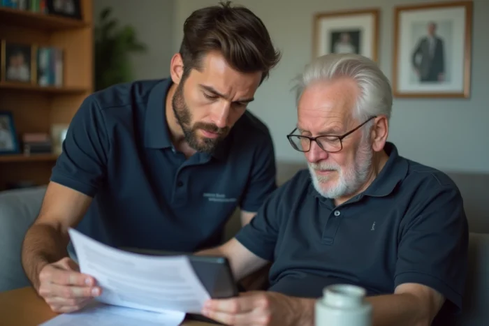 Un aidant ADMR et un senior examinant ensemble une facture de services à domicile, représentant le budget et le tarif horaire 2026 de l'ADMR