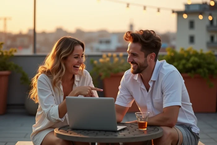 Deux amis découvrant ensemble un site de streaming tendance de juillet 2026 sur un ordinateur portable en terrasse urbaine