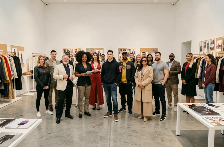 Groupe de personnalités stylées dans une galerie mode moderne, illustrant la diversité des styles des artistes les plus influents du monde