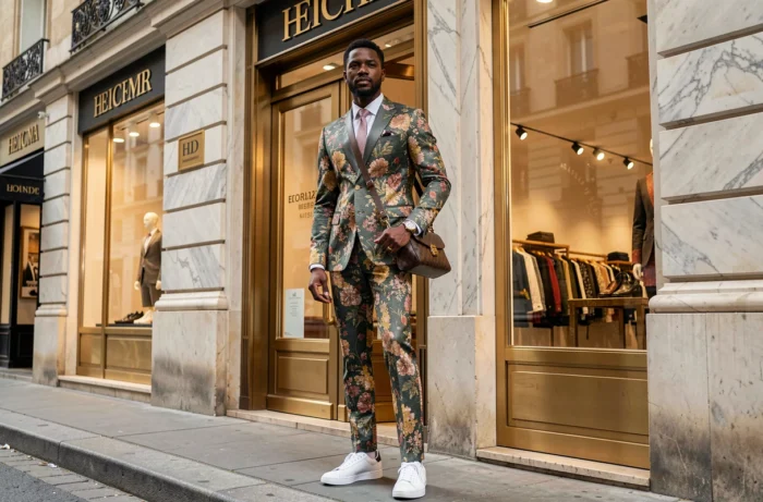 Homme en costume jacquard haute couture devant une boutique parisienne illustrant l'approche d'ASAP Rocky mêlant rap et haute couture