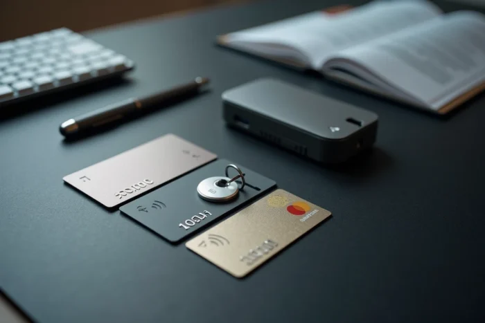 Vue aérienne de différents types de badges d'accès et d'un lecteur NFC sur un bureau professionnel