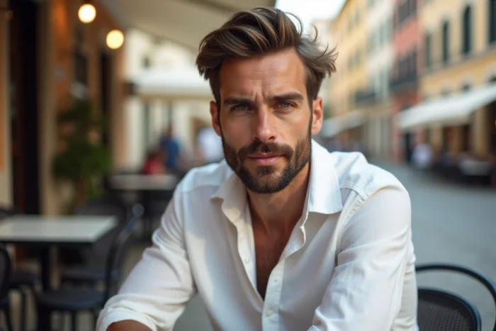Homme élégant avec une barbe collier courte en terrasse de café parisien portant une chemise en lin blanc