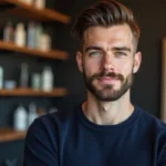 Homme aux cheveux courts arborant une barbe collier bien définie dans un salon de coiffure moderne