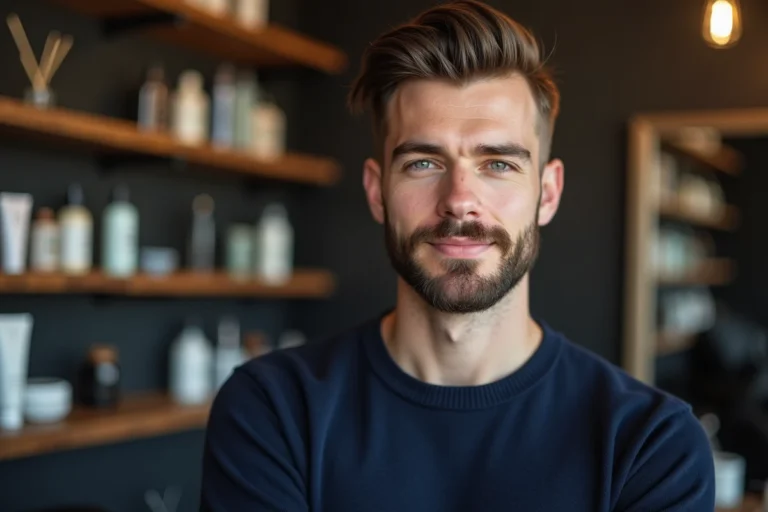 Homme aux cheveux courts arborant une barbe collier bien définie dans un salon de coiffure moderne