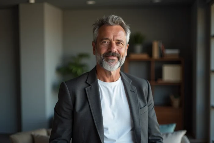 Homme mature en veste grise avec une barbe collier medium dans un bureau minimaliste contemporain