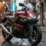 Benda 125 Avengers garée dans une ruelle urbaine sous la pluie, vue 3/4 avant mettant en valeur son carénage sportif et son design agressif