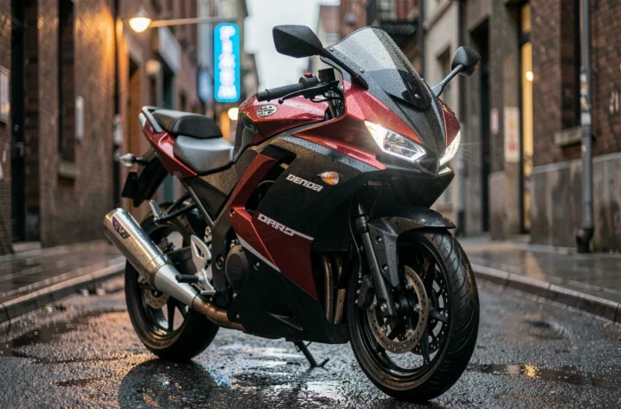 Benda 125 Avengers garée dans une ruelle urbaine sous la pluie, vue 3/4 avant mettant en valeur son carénage sportif et son design agressif