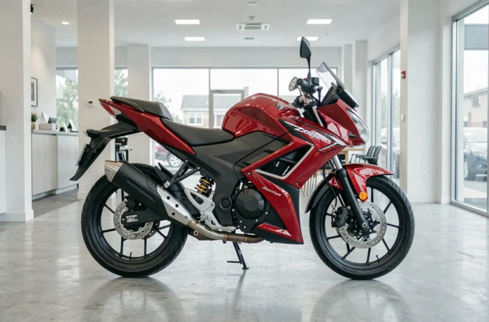 Benda 125 Avengers exposta em perfil completo em uma concessionária de motos moderna com piso de concreto polido e paredes brancas