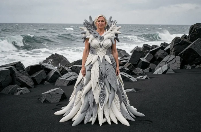 Femme portant une robe sculpturale architecturale en latex organique sur une plage de sable noir volcanique islandais, évoquant l'univers vestimentaire de Björk