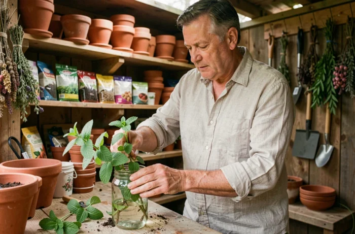 Homme jardinier bouturant de la menthe saine dans un shed de jardin rustique pour sauver la plante
