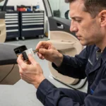 Technicien automobile branchant un faisceau de câbles sur un autoradio Android dans un tableau de bord de Peugeot 308