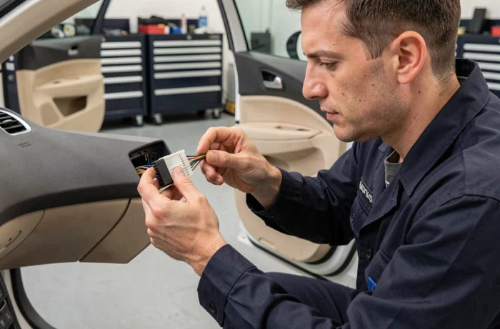 Technicien automobile branchant un faisceau de câbles sur un autoradio Android dans un tableau de bord de Peugeot 308