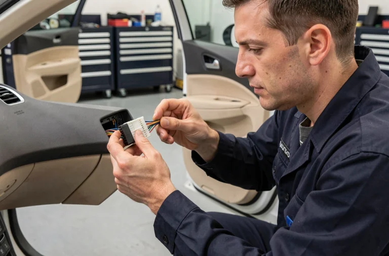 Technicien automobile branchant un faisceau de câbles sur un autoradio Android dans un tableau de bord de Peugeot 308