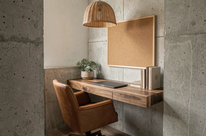 Bureau à domicile design et durable avec bureau en noyer FSC, chaise en cuir et décoration naturelle dans un espace de travail tendance