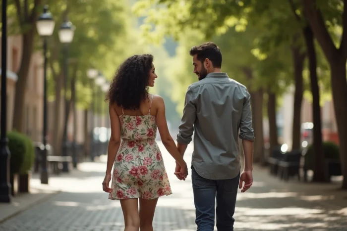 Couple complice se promenant main dans la main sur une avenue pavée arborée, atmosphère romantique et naturelle