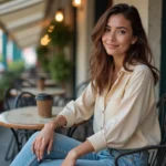 Portrait de Caroline Munoz assise en terrasse de café, tenue casual chic, ambiance urbaine naturelle