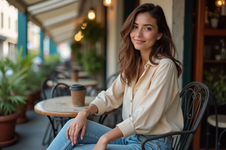 Portrait de Caroline Munoz assise en terrasse de café, tenue casual chic, ambiance urbaine naturelle