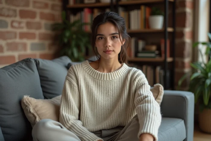 Jeune femme détendue assise sur un canapé moderne dans un salon contemporain, ambiance lifestyle intimiste