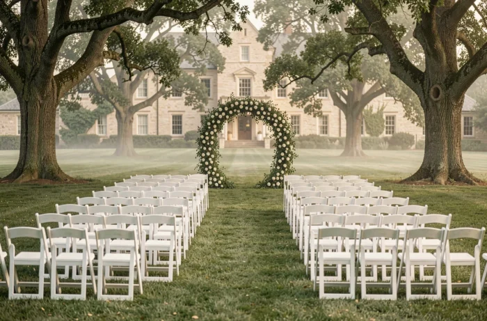 Décor de cérémonie de mariage en plein air dans un domaine privé, symbolisant la discrétion et les spéculations autour du mariage secret d'Elon Musk