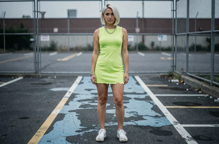 Jeune femme en robe verte fluo et baskets usées incarnant l'esthétique brat de Charli XCX face au quiet luxury