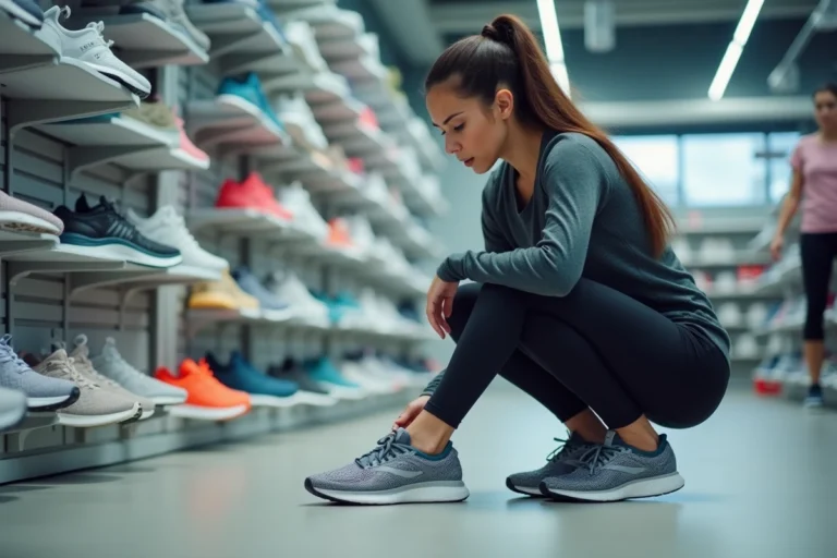 Femme choisissant des chaussures de running adaptées à ses performances dans un magasin de sport professionnel