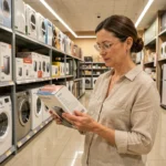 Femme comparant des équipements électroménagers dans un magasin de bricolage pour choisir le meilleur pour sa maison