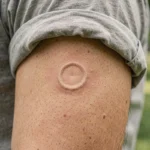 Gros plan sur la cicatrice ronde caractéristique du vaccin BCG sur le bras d'un adulte