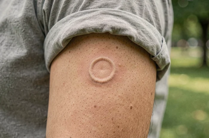 Gros plan sur la cicatrice ronde caractéristique du vaccin BCG sur le bras d'un adulte