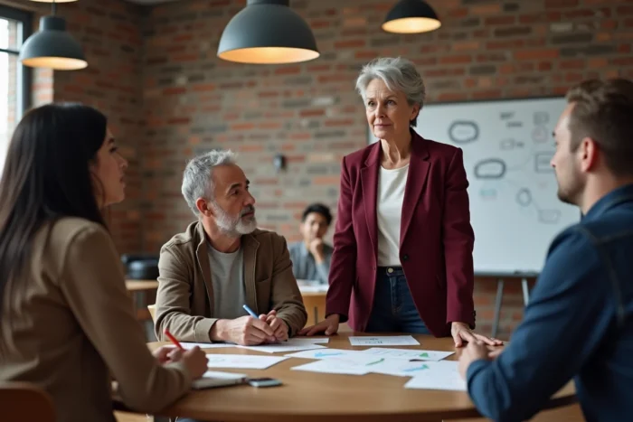 Séance de coaching en groupe animée par une coach expérimentée dans un espace de coworking autour d'une table ronde