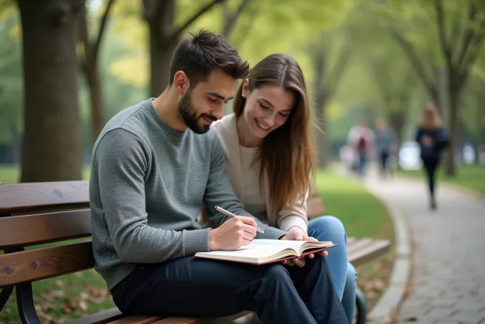 Coach de vie et cliente en séance de coaching en plein air dans un parc urbain avec un carnet d'objectifs ouvert