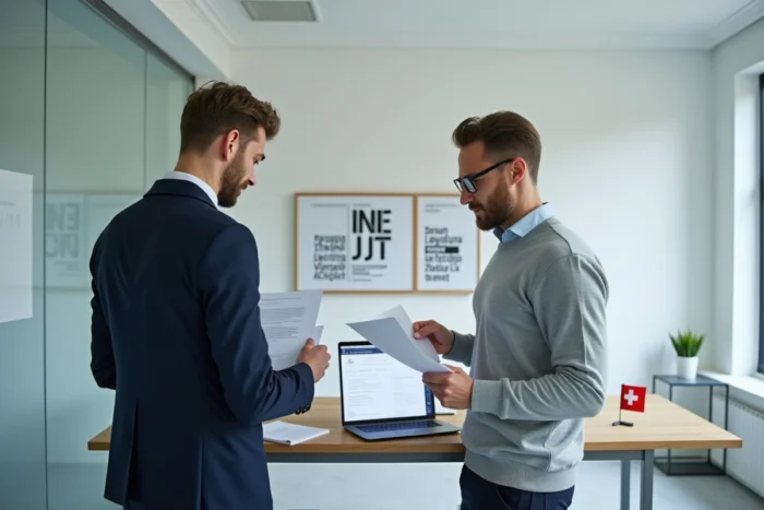 Deux cofondateurs d'une startup suisse examinant des documents juridiques d'immatriculation d'entreprise dans un bureau épuré