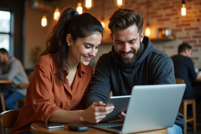 Deux collègues collaborant avec une tablette et un ordinateur portable dans un café moderne, explorant des outils d'automatisation pour améliorer leur productivité