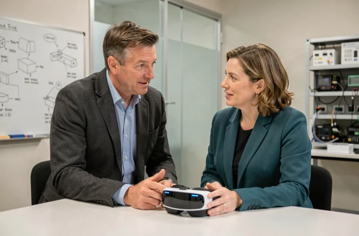 Deux professionnels collaborant autour d'un prototype de casque de réalité augmentée dans un laboratoire technologique