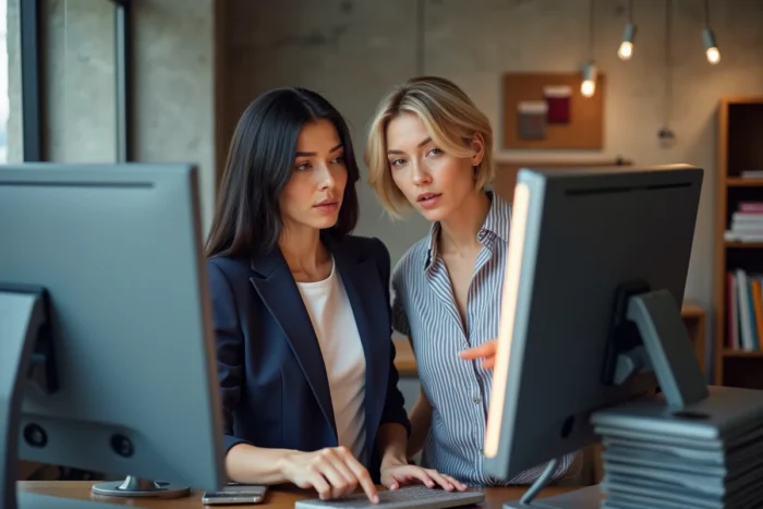 Deux professionnelles analysant ensemble le plan de navigation d'un site de mode dans un bureau éditorial