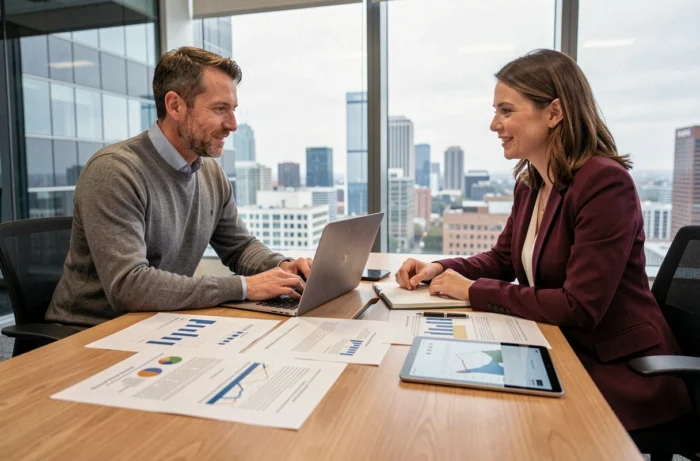 Deux professionnels collaborant autour d'un tableau de données numériques en salle de réunion pour développer leur stratégie digitale d'entreprise