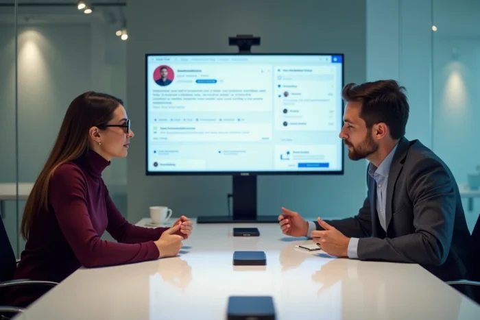 Deux collègues collaborant sur l'optimisation d'un profil LinkedIn dans une salle de réunion moderne