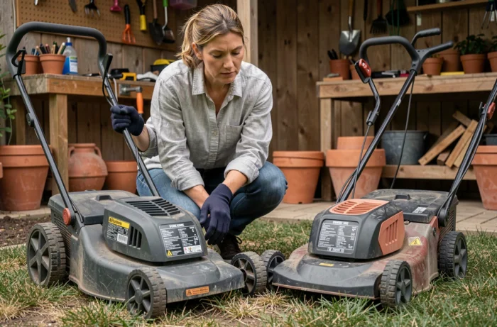 Mujer comparando dos cortadoras de césped eléctricas de potencias diferentes en un jardín