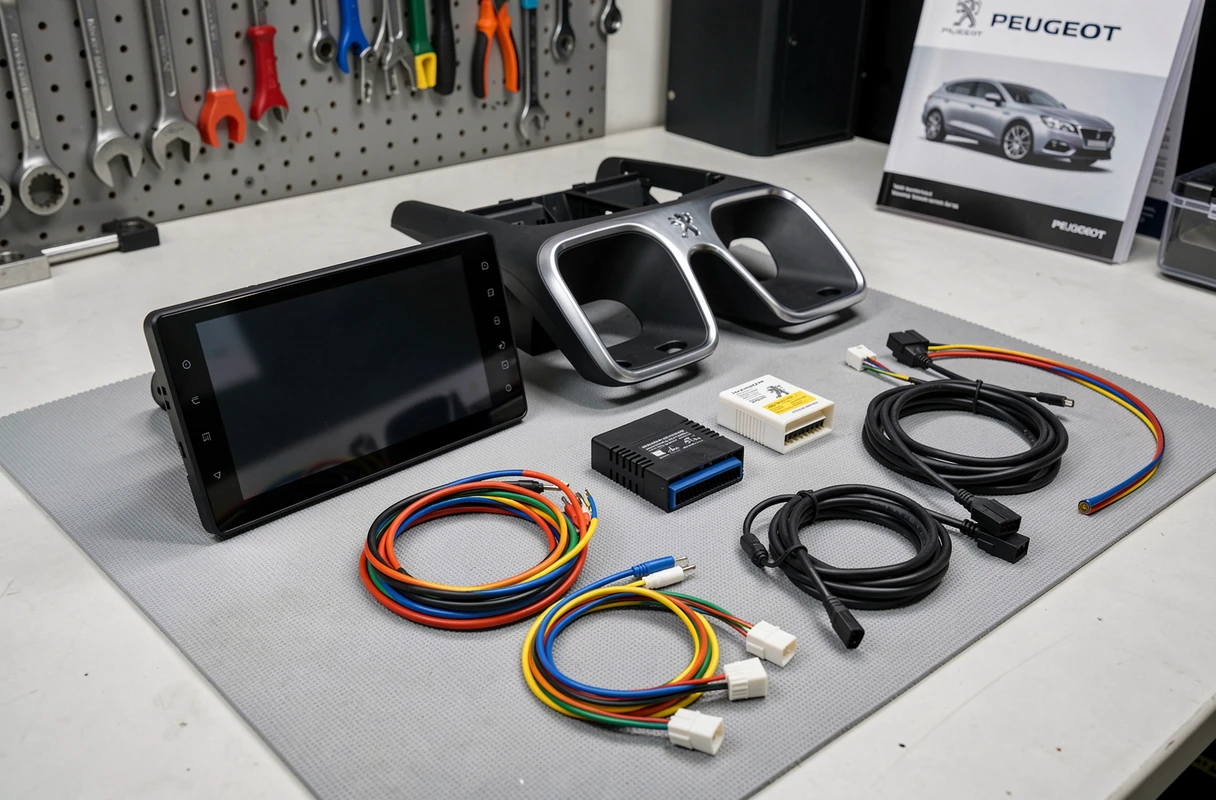 Autoradio Android avec faisceau ISO et module CAN bus pour Peugeot 3008 disposés sur un établi d'atelier
