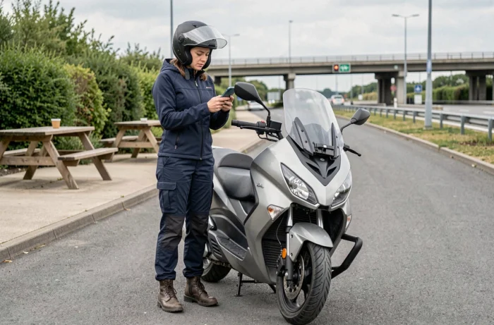 Conductrice de maxi-scooter faisant une pause dans une aire d'autoroute en France, consultant son itinéraire sur smartphone