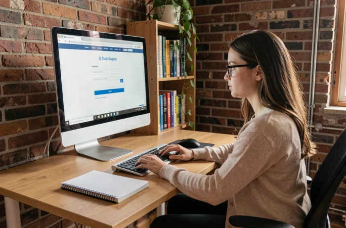 Jeune femme se connectant à la messagerie académique de Strasbourg depuis un bureau à domicile avec plusieurs appareils