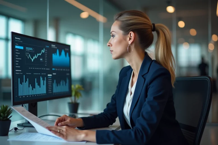 Conseillère bancaire analysant des données financières sur des écrans dans un bureau moderne, illustrant le rôle du SDI dans le secteur bancaire
