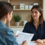 Femme en consultation nutritionnelle chez Naturhouse avec une conseillère tenant un plan alimentaire personnalisé