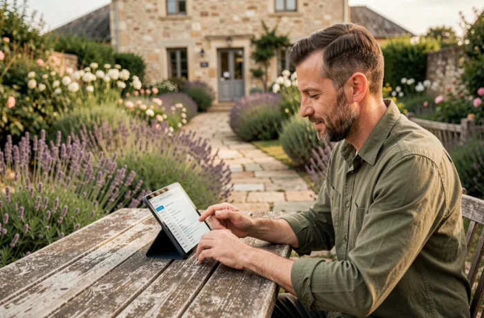 Homme consultant le plan du site d'une ferme française sur une tablette dans un jardin provençal