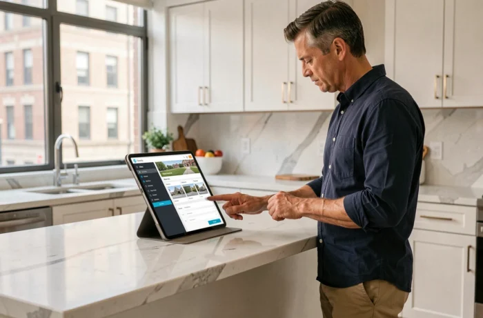 Homme consultant la structure de navigation d'un site immobilier sur tablette dans une cuisine moderne